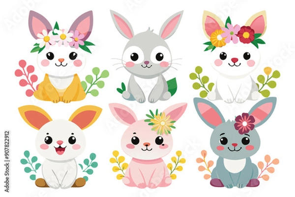 Obraz Six Adorable Bunnies with Floral Headbands and Foliage