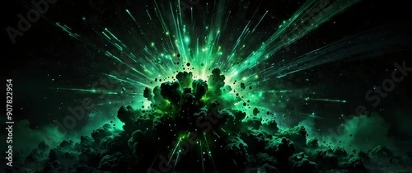 Fototapeta green lights explosion in space galaxy plain black background wide angle panoramic view backdrop copy space