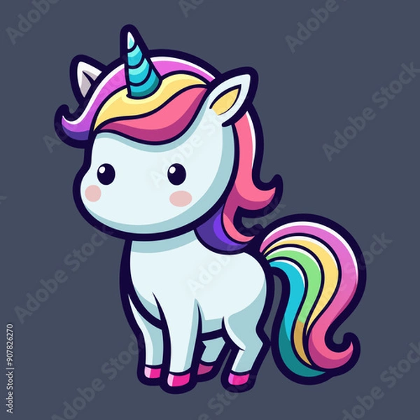 Fototapeta Cute Unicorn Vector Sticker Design with Flat Colors on Black Background
