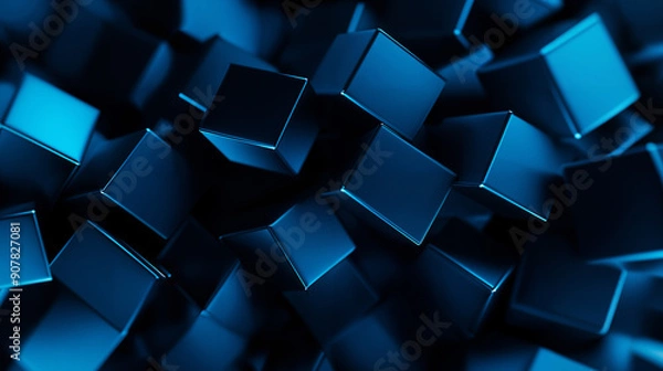 Fototapeta Abstract background with blue cubes in motion, 3-D rendering, futuristic technology wallpaper.