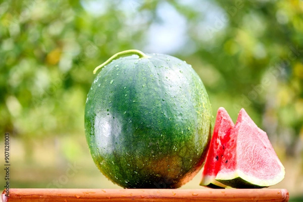 Fototapeta Slices of fresh watermelon on the rustic wooden table