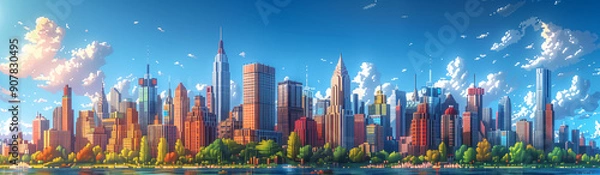 Obraz Landscape of metropolitan city pixel art illustration, Skyscraper in the city, city view pixel art banner