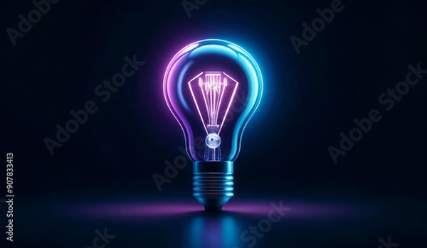 Fototapeta Cool tones holographic glowing lightbulb with copy space.