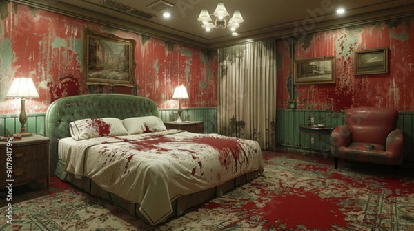 Obraz a 90s hotel bedroom, with some red stains and splashes, photorealistic