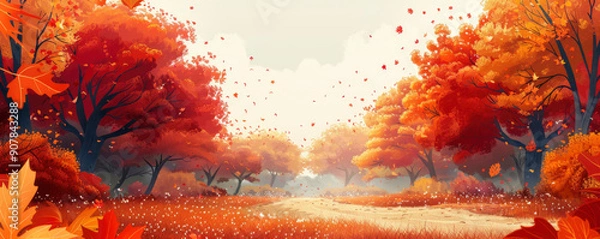 Fototapeta vector illustration, Beautiful autumn park, Large trees with yellow and orange autumn leaves falling