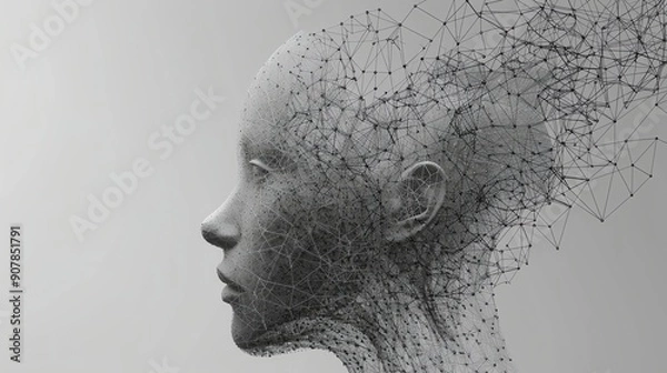Fototapeta A digital render of a person's head with an abstract black line pattern.