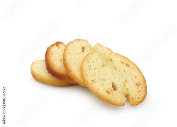 Obraz Wheat baguette croutons or bruschetta isolated on white background, homemade bread rusks, roasted salted baked snack