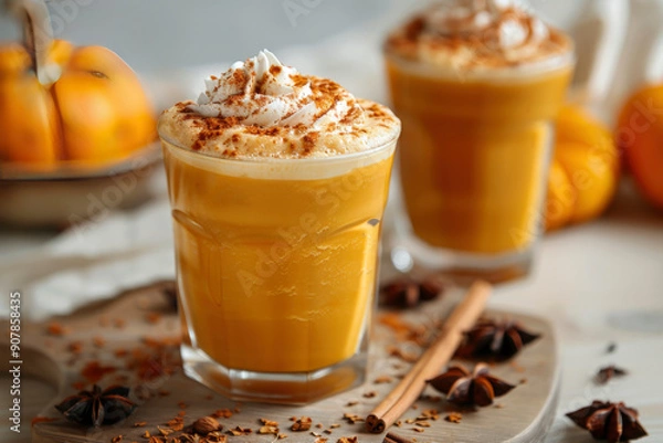 Fototapeta Delicious pumpkin smoothie with whipped cream on top. Garnished with cinnamon and spices on a cozy autumn background with pumpkins and autumn leaves