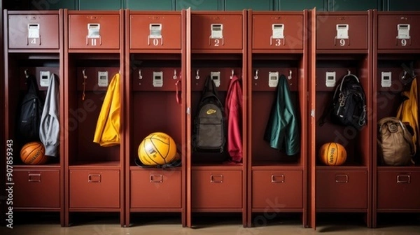 Obraz Empty gym locker with neatly arranged sports gear