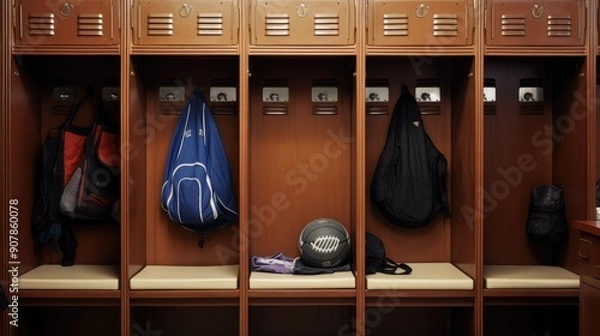 Fototapeta Empty gym locker with neatly arranged sports gear