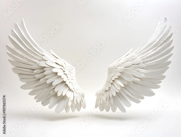 Fototapeta Exquisite White Wings Artfully Designed with Delicate Feather Shapes in Symmetrical Balance, Ethereal Aesthetic Against Soft Neutral Background for Captivating Visual Appeal and Artistic Excellence