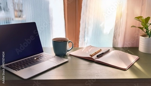 Obraz マグカップとパソコンの置かれたかわいいデスク