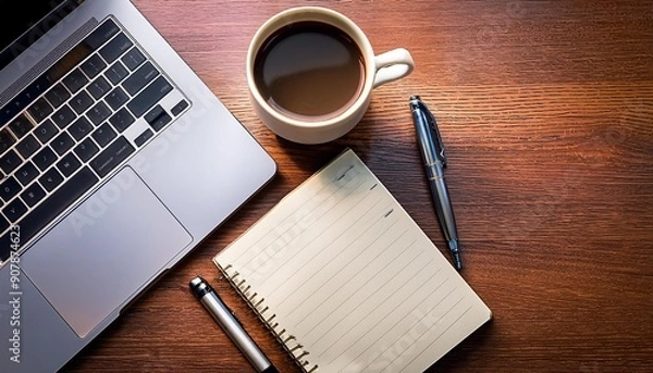 Fototapeta コーヒーとパソコンの置かれたデスク