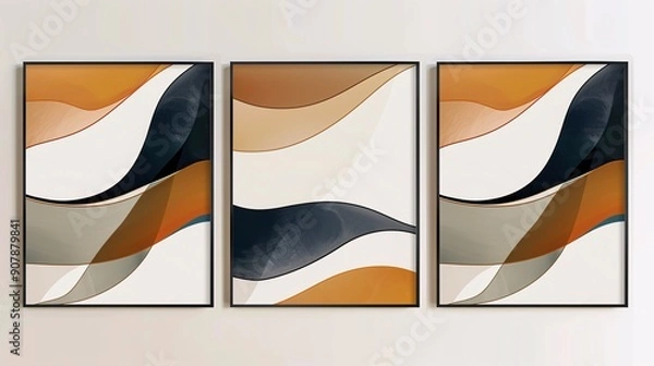 Fototapeta A trio of minimalistic abstract posters with a continuous image, seamlessly connected on a pristine white background for a cohesive decor