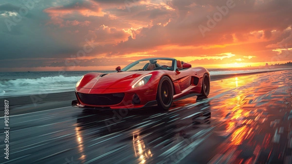 Fototapeta A sleek red sports car drives along a beach at sunset. The sky is vibrant with dramatic clouds. The wet sand reflects the car and the sky, creating a dynamic scene of speed and freedom