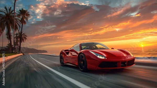 Fototapeta Sleek red sports car driving on a coastal road lined with palm trees during a vibrant sunset, showcasing speed and elegance