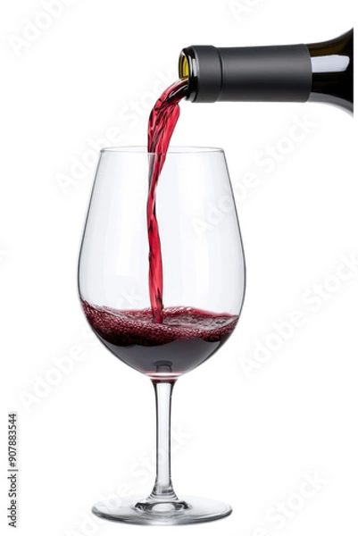 Fototapeta A glass being filled with red wine from a bottle against a white background, illustrating luxury, elegance, and the enjoyment of fine wine.
