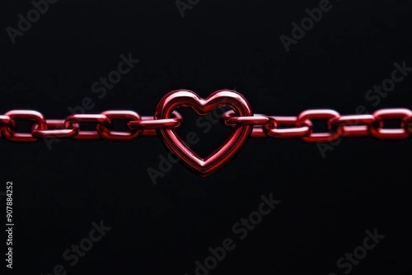 Fototapeta A red heart-shaped chain link set against a black background, symbolizing love, strength, and connection with a bold industrial design.
