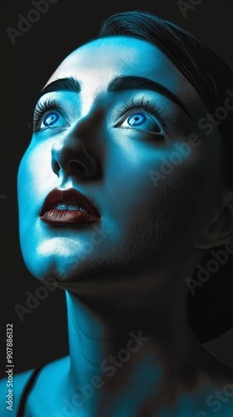 Fototapeta A woman's face is illuminated by a blue light, creating a dramatic and ethereal effect. Her eyes are wide open, and her lips are slightly parted.