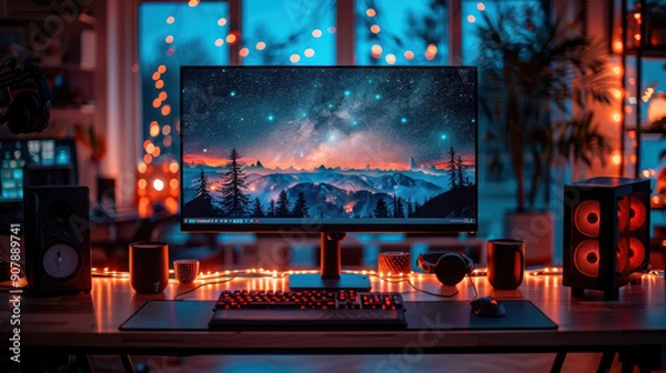 Fototapeta Computer setup with scenic wallpaper, colorful lighting, modern workspace, cozy ambiance, tech concept