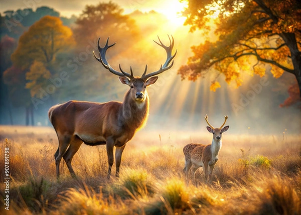 Fototapeta Majestic stag and gentle deer roam freely in a serene golden meadow bathed in warm soft sunlight, surrounded by a picturesque autumnal landscape.