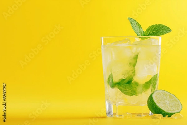 Fototapeta Refreshing cocktail with lime and mint, served with ice in a glass against a vibrant yellow background