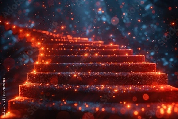 Fototapeta A glowing staircase with vibrant lights and mystical ambiance, leading towards an enigmatic destination in a dreamy, starry setting.