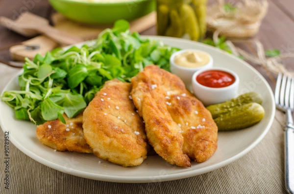 Obraz Schnitzel with mashed potatoes and salad