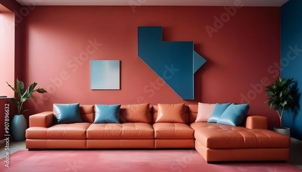 Fototapeta Minimalist interior design characterizes a modern living room with a colorful multicolored leather sofa against a coral-colored wall with ample copy space
