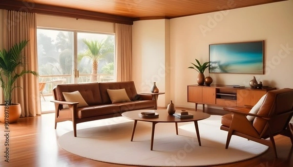 Fototapeta A seaside villa features a mid-century coastal home interior design for the modern living room