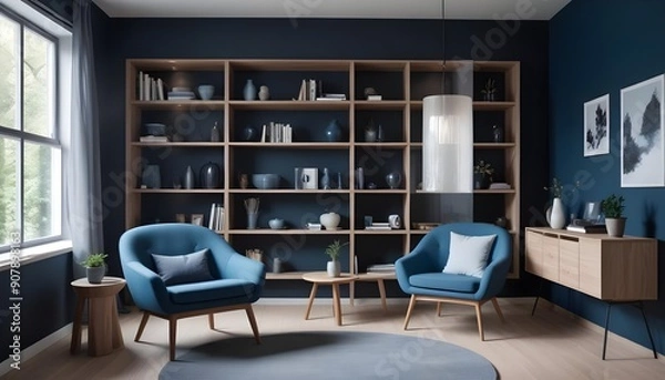 Fototapeta Scandinavian style interior design of a modern living room with a grey barrel chair against a window and wooden shelving unit and cabinet on a dark wall