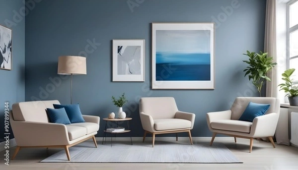 Fototapeta Scandinavian style home interior design of the modern living room showcases an armchair and a sofa against a grey wall with a poster, creating a harmonious and inviting atmosphere