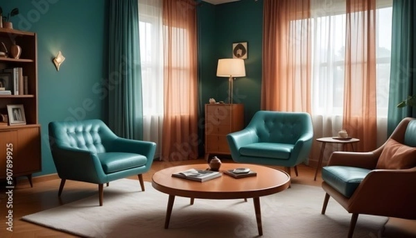 Fototapeta Scandinavian, mid-century style home interior design characterizes the modern living room, adding a touch of timeless elegance and sophistication