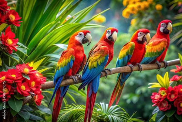 Fototapeta Vibrant macaws perch on branches amidst lush green foliage and exotic tropical flowers, showcasing their stunning plumage in a kaleidoscope of colors.