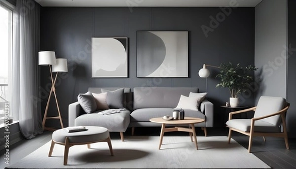 Fototapeta Scandinavian style home interior design of a modern living room with a grey chair and round coffee table near a corner sofa against a dark grey paneling wall