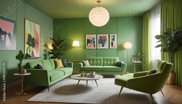 Fototapeta Pop art interior design of a modern living room features colorful upholstered mid-century furniture, creating a vibrant and eye-catching space
