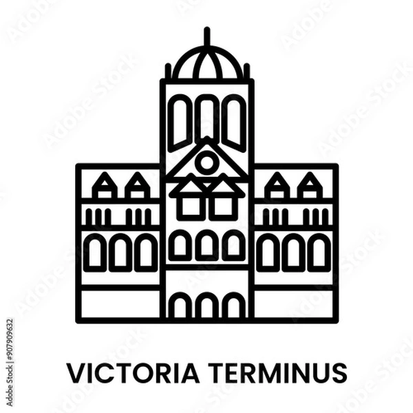 Obraz Victoria Terminus. Chhatrapati Shivaji Maharaj Terminus, Mumbai, Maharastra, India. Minimalist line art icon, a historical landmark for web, mobile apps and UI.