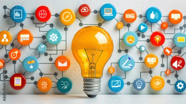 Fototapeta Innovation Concept with Light Bulb and Network Icons..