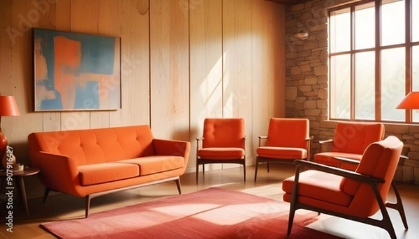 Fototapeta A mid-century-style home interior design of a modern living room features a beige lounge chair near an orange loveseat sofa against a wood and stone paneling wall
