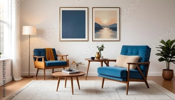 Fototapeta In a mid-century interior design of a modern living room, a blue armchair sits near a long wooden coffee table against a white wall with a large art canvas poster frame