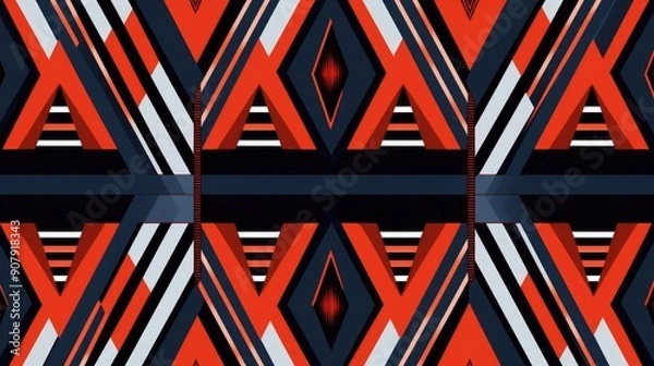 Obraz Abstract Geometric Seamless Pattern: Vibrant Red, Blue & White Interlocking Shapes