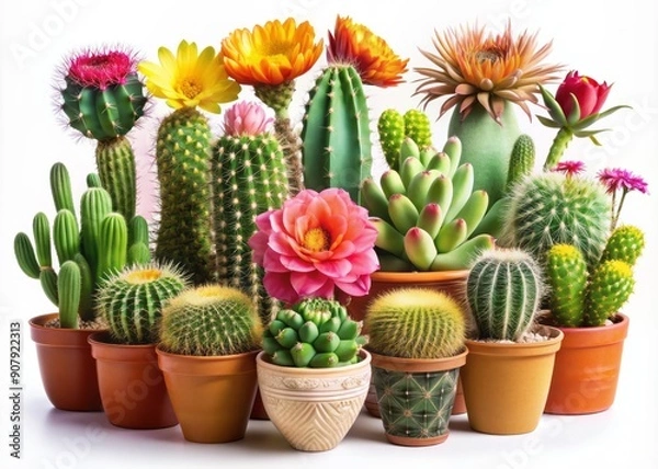 Fototapeta Vibrant set of isolated cactus flowers and succulent plants in pots on a pure white transparent background, showcasing lush greenery and delicate blooms in high detail.