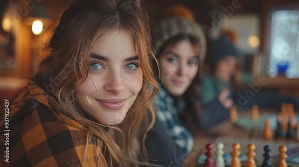 Fototapeta Two young women enjoying a cozy game of chess at a rustic cabin, capturing the warmth and relaxation of a winter retreat.
