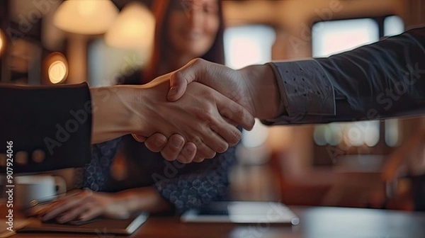 Obraz Businesswoman and businessman shaking hands across the table. 