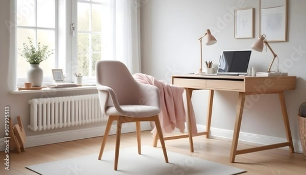 Fototapeta Interior design of a modern scandinavian home office with a cozy home workplace featuring a wooden drawer writing desk and fabric chair