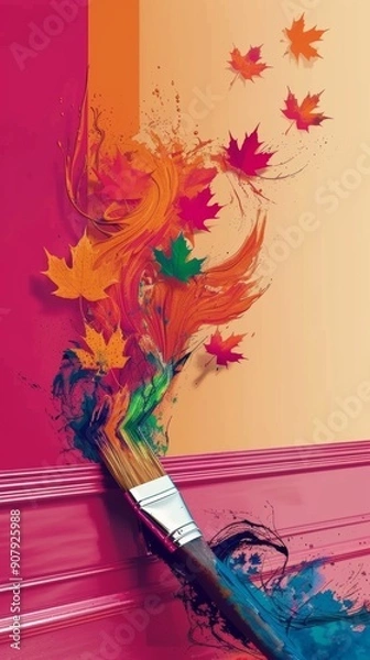 Obraz A paintbrush with vivid colors and autumn leaves coming out of the tip of the brush. Abstract artistic photo with pastel background.