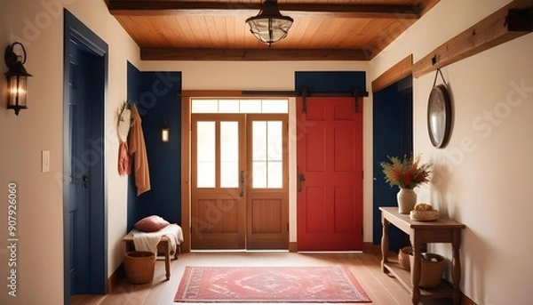 Fototapeta Interior design of a modern rustic entrance hall with a door in a cozy hallway with a beam ceiling and wooden wall decor in a farmhouse
