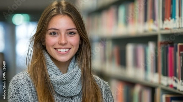 Fototapeta Portrait of happy female student in library looking at camera