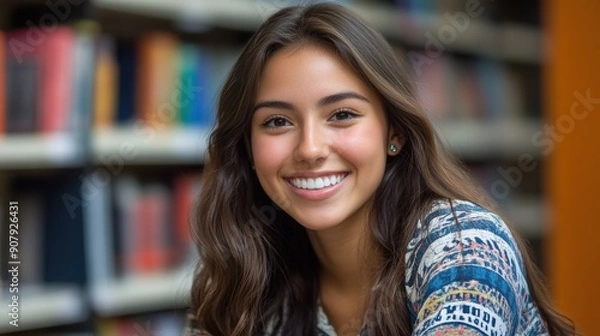 Fototapeta Portrait of happy female student in library looking at camera
