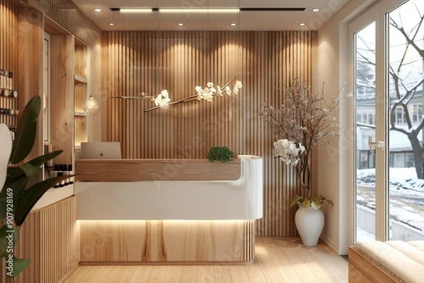 Obraz Cozy salon interior with reception desk, partition and panoramic window, Generative AI